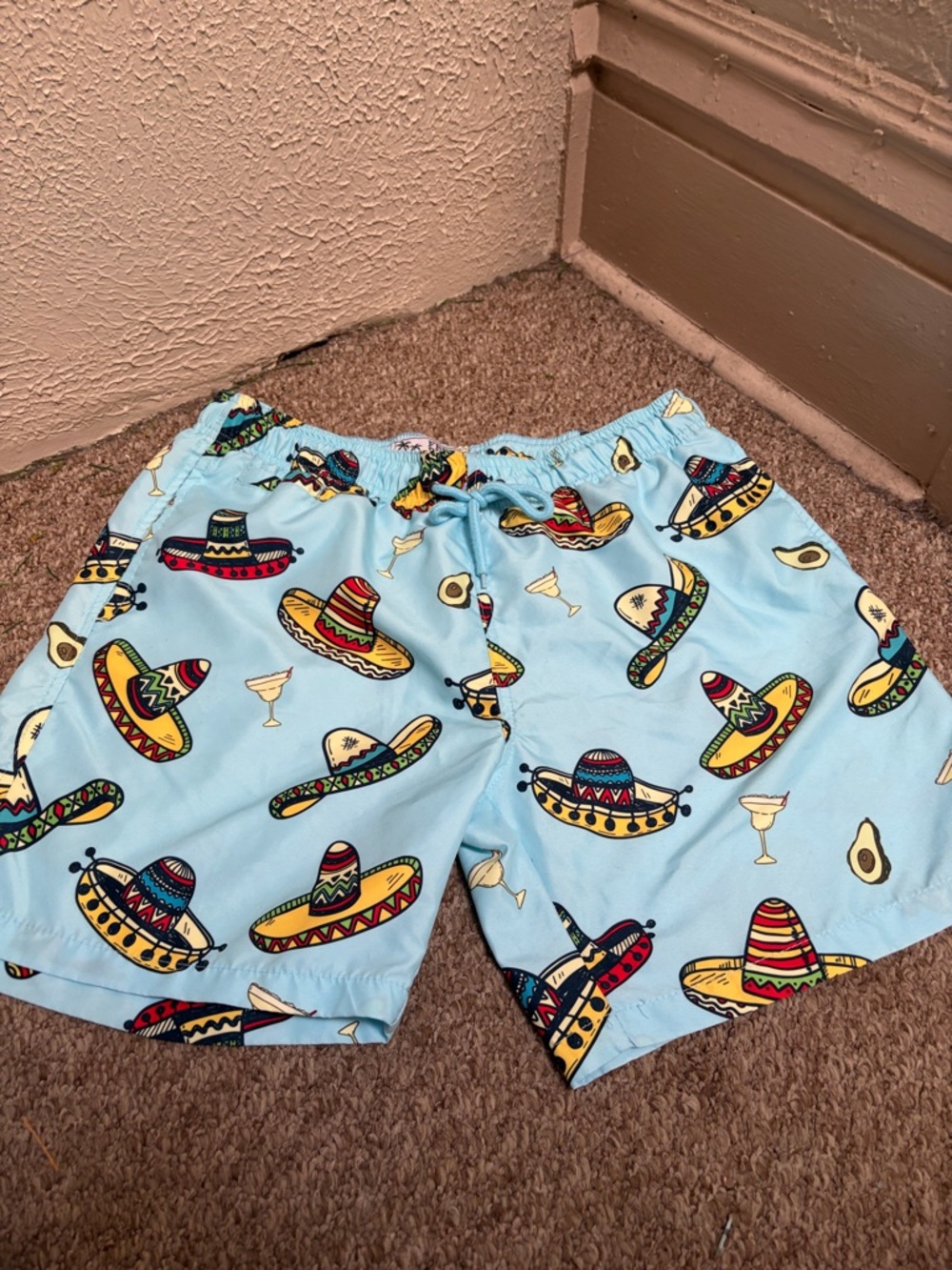 Free Planet Light Blue Men’s Swim Trunks with Multicolor Sombrero Print